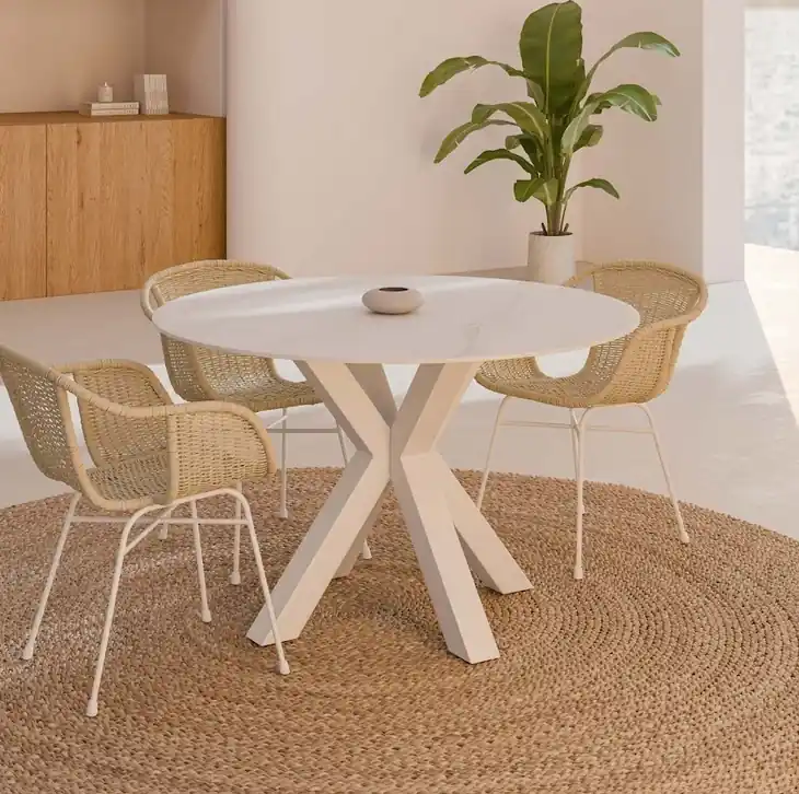 Mesa redonda porcelanico blanco patas blanco FIORELLA 100 cm - Mesas de comedor