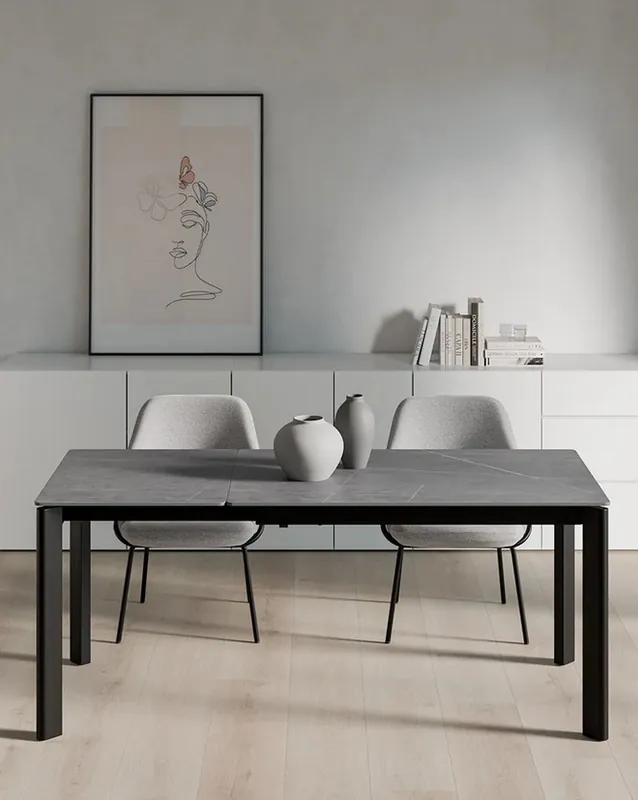 Mesa extensible CONSTANCE porcelanico gris patas negro 120-180×80 cm