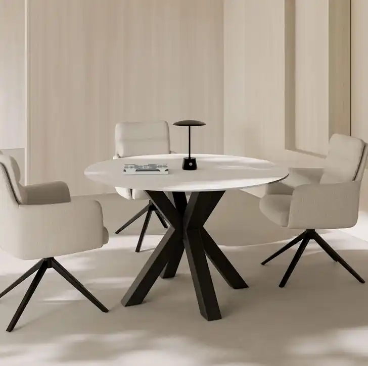 Mesa redonda porcelanico blanco patas negro FIORELLA 120 cm - Mesas de comedor