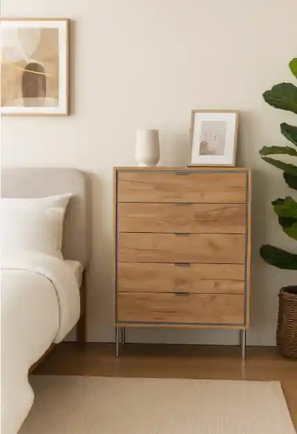 Cómoda Sforza 5 cajones roble natural 80×39.5x106cm - Comodas Sinfonier