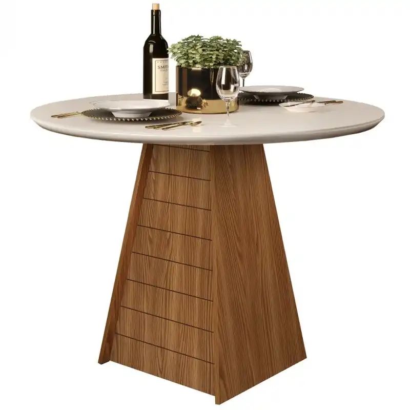 Mesa redonda Tipi roble, cristal y blanco 103cm - Mesas de comedor