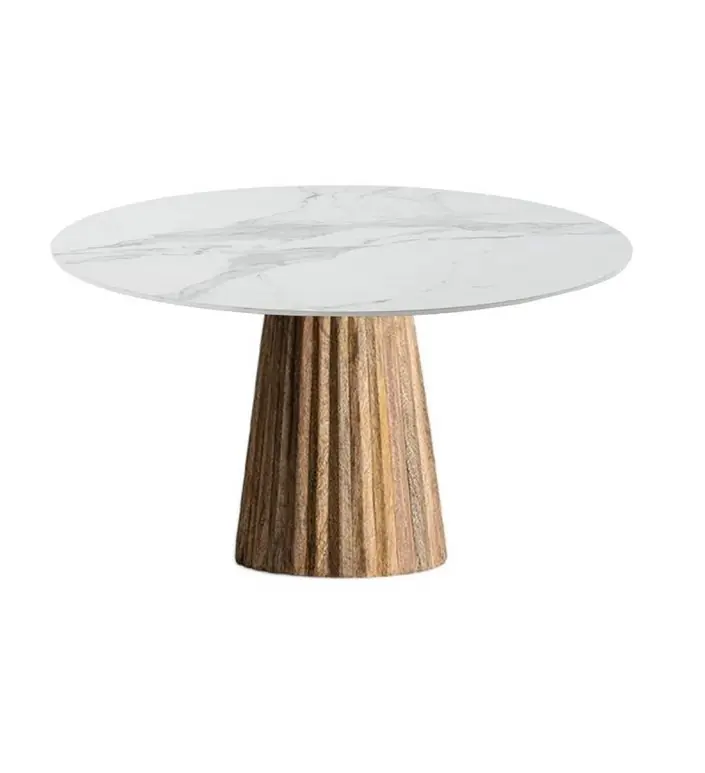Mesa redonda mármol blanco base madera 120 cm - Mesas de comedor