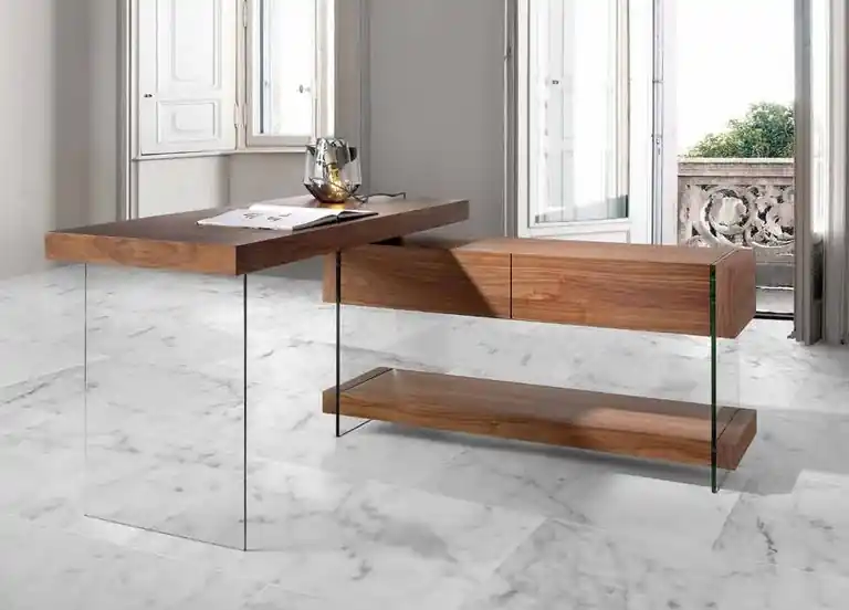 Escritorio madera nogal cristal templado - Escritorios