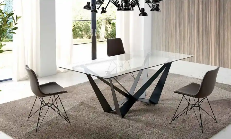 Mesa cristal acero negro mate skorpio 200×100 - Mesas de comedor