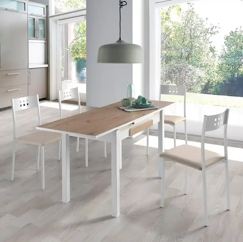 Conjunto de cocina Bari mesa extensible blanco roble - Conjuntos mueble de cocina