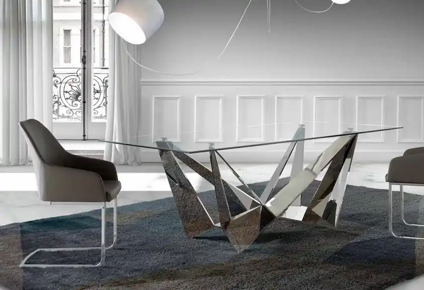 Mesa skorpio cristal acero inox brillo 220×100 - Mesas de comedor