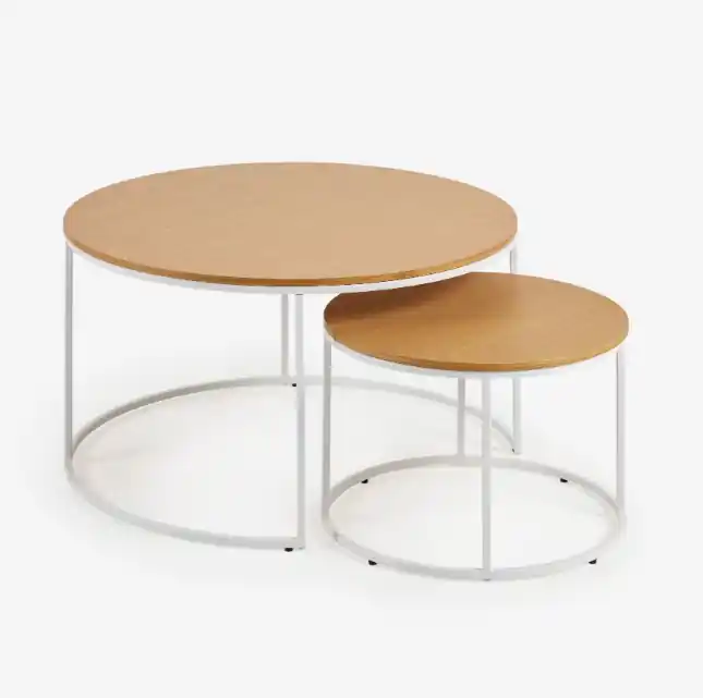 Set Nofre 2 mesas auxiliares nido de chapa de roble y metal blanco 80cm/50cm - Mesas de centro y auxiliares