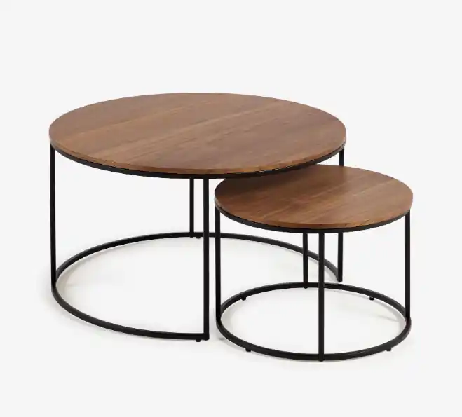 Set Nofre 2 mesas auxiliares nido de chapa de nogal y metal negro 80cm/50cm - Mesas de centro y auxiliares