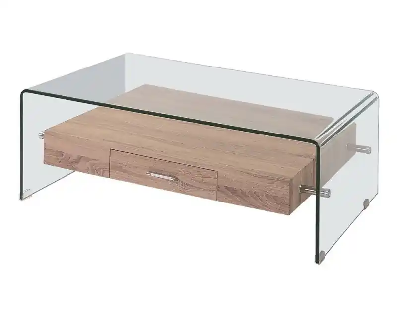 Mesa de centro cristal transparente cajon roble 110×55 - Mesas de centro y auxiliares