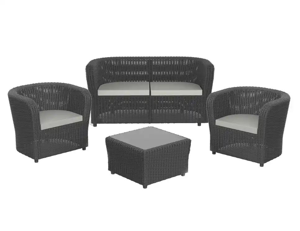 Set terraza ratan redondo antracita Villa 4 plazas con mesa baul - Sofas terraza