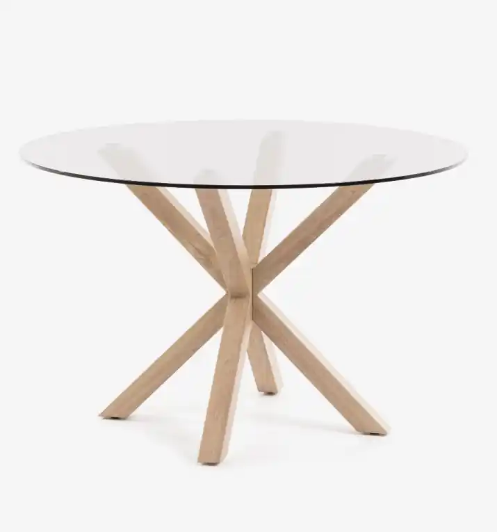 Mesa redonda de cristal patas de acero efecto madera 119cm - Mesas de comedor