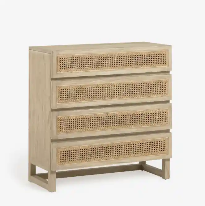 Cómoda Mareti madera maciza y chapa mindi con ratán 90x93cm - Comodas Sinfonier