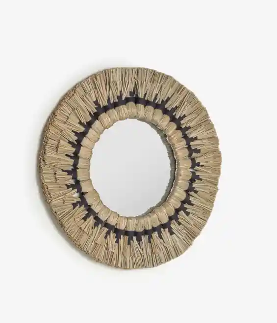 Espejo redondo fibras naturales beige y cuerda algodón negro 40cm - Espejos