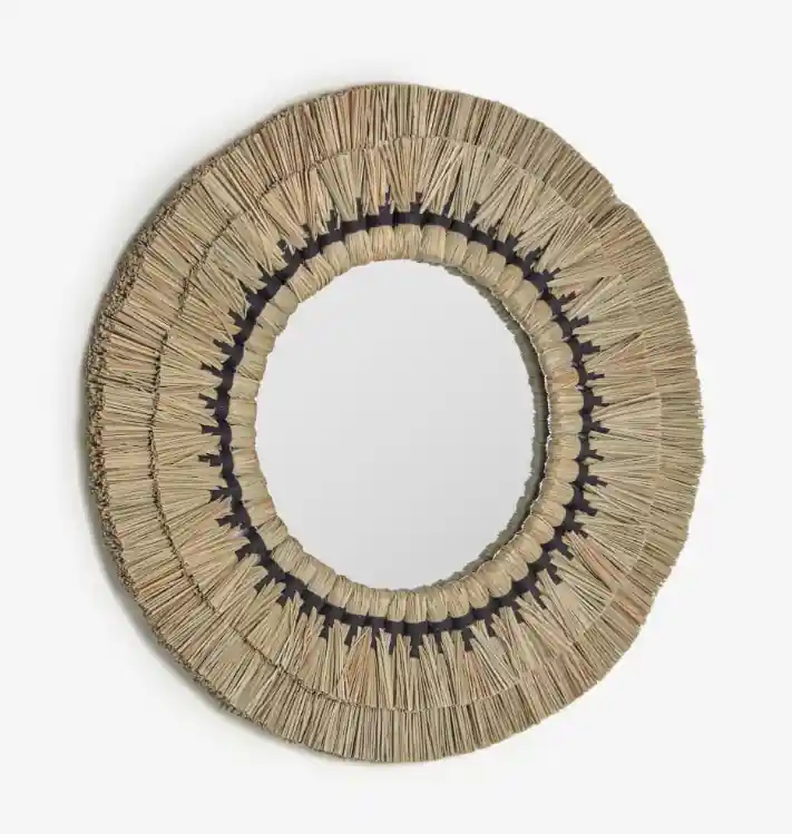 Espejo redondo fibras naturales beige y cuerda algodón negro 60cm - Espejos