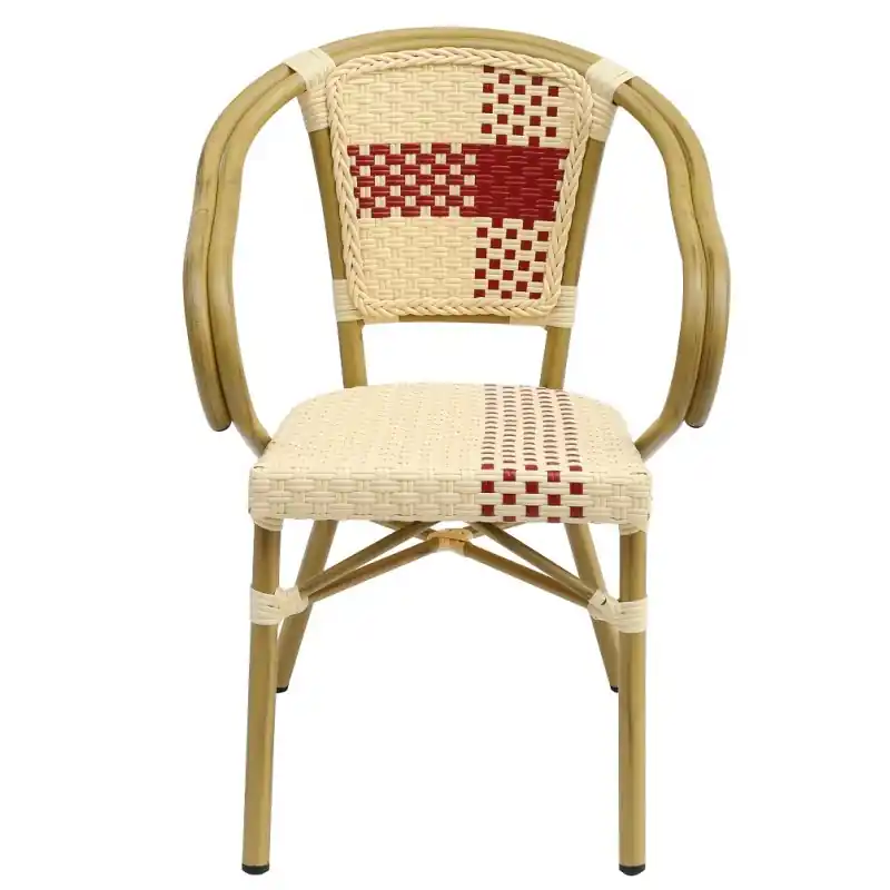 Sillón para exterior apilable aluminio y ratán beige y rojo - Sillas hosteleria