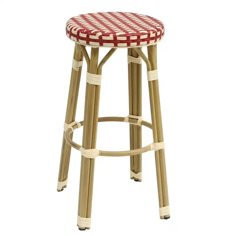 Taburete apilable para exterior aluminio y ratán beige y rojo - Taburetes hosteleria