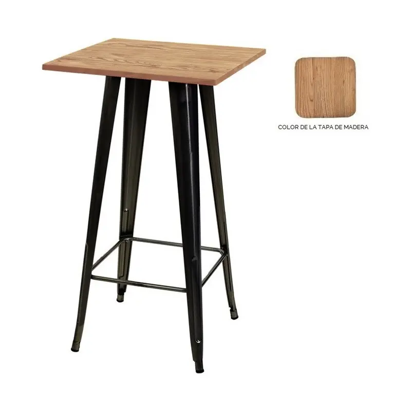 Mesa alta Tolix acero negro madera olmo 60×60 - Mesas hosteleria