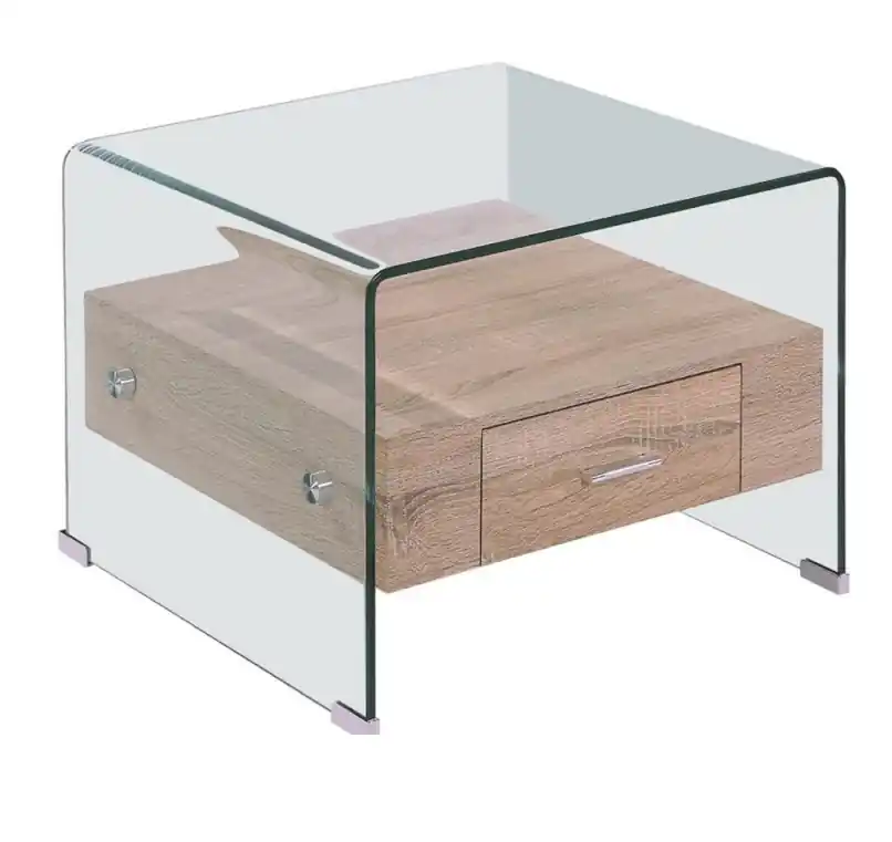 Mesa auxiliar cristal transparente cajon roble 50×50 - Mesitas de noche