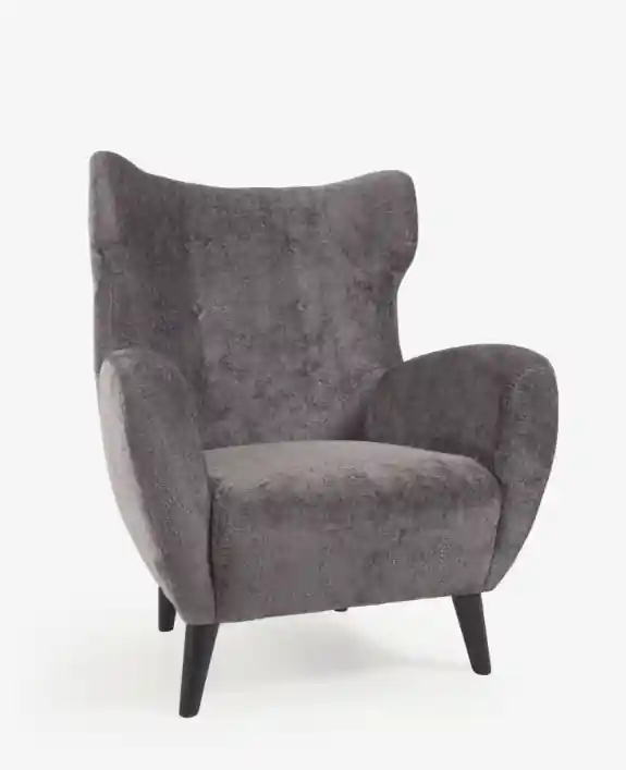 Butaca orejero retro botones chenilla gris patas de madera - Sillones butacas divanes
