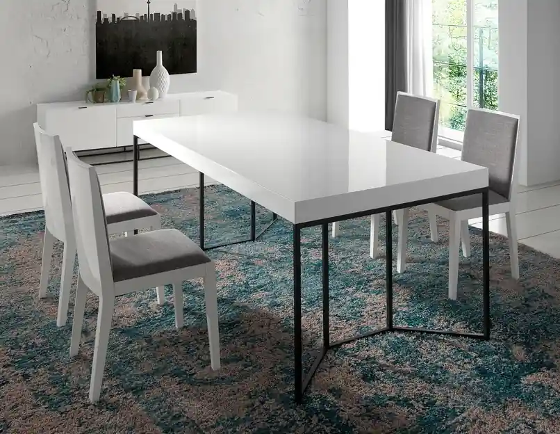 Mesa Atrium blanco alto brillo acero negro 200×95 - Mesas de comedor
