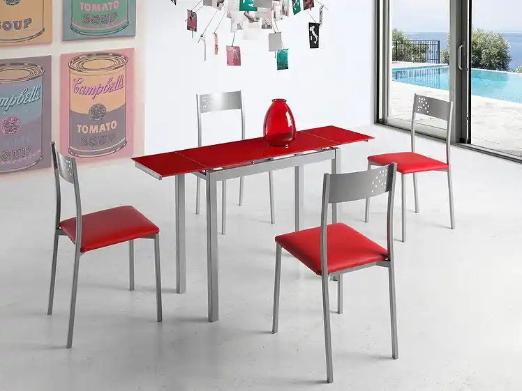 Conjunto de cocina mesa extensible Narbona cristal rojo 4 sillas luso rojo - Conjuntos mueble de cocina