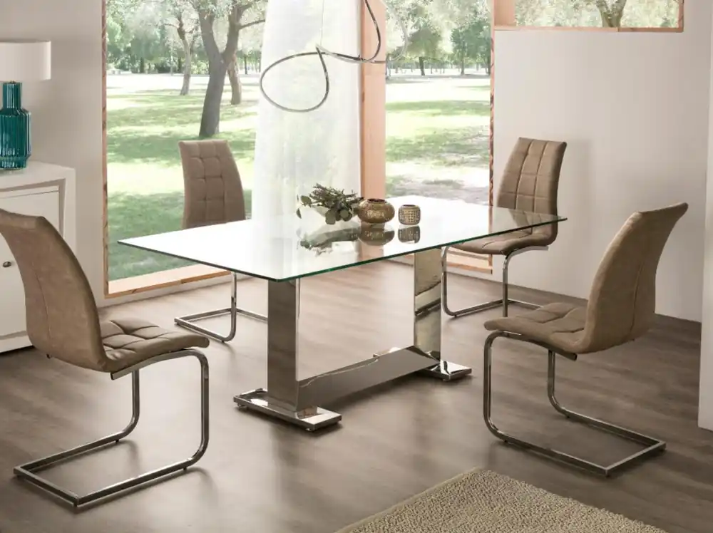 Mesa de comedor Hudson cristal acero inox brillo 180×90 - Mesas de comedor
