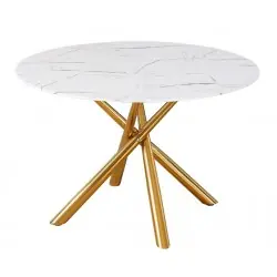 Mesa de cristal Zahra efecto mármol patas de metal dorado 120cm - Mesas de comedor
