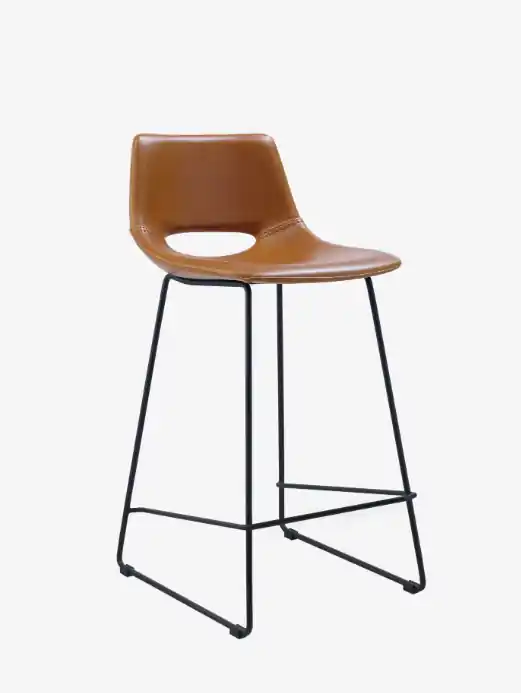 Taburete Alba piel marrón y acero negro 65 cm - Taburetes y puff