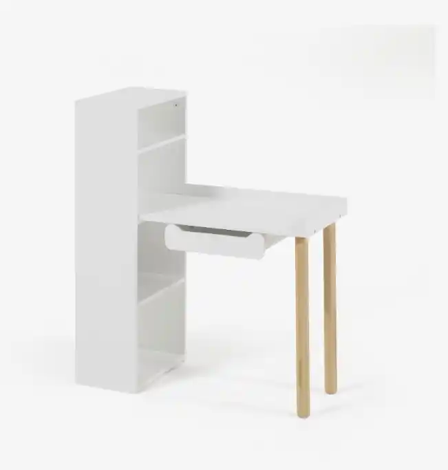 Escritorio con estantería de MDF blanco y patas de madera de pino natural - Escritorios