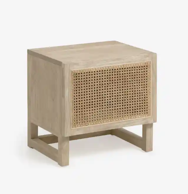 Mesita de noche Mareti madera maciza y chapa mindi con ratán 50x48cm - Mesitas de noche
