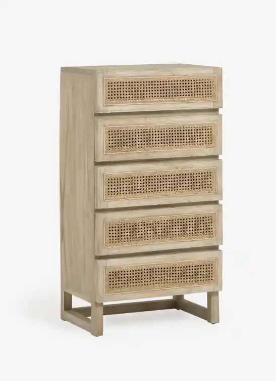 Cómoda Mareti madera maciza y chapa mindi con ratán 60x113cm - Comodas Sinfonier