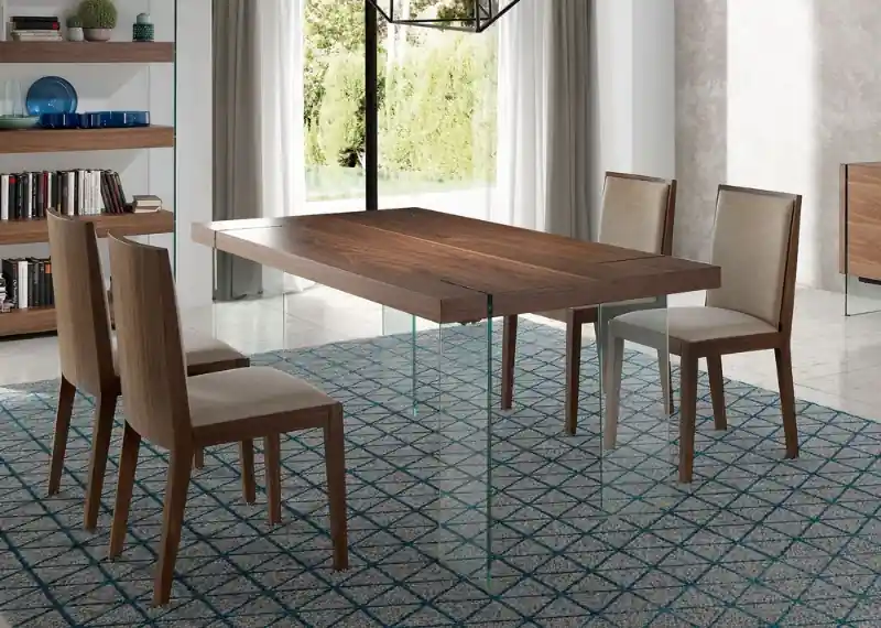 Mesa madera nogal vidrio180x90 - Mesas de comedor