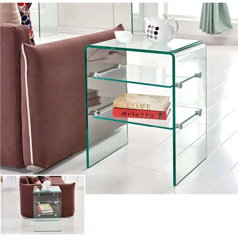 Mesa auxiliar cristal curvado con estantes 50x40cm - Mesas de centro y auxiliares