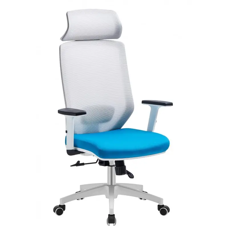 Sillón de oficina con cabezal blanco malla gris y tejido azul - Sillas oficina operativas