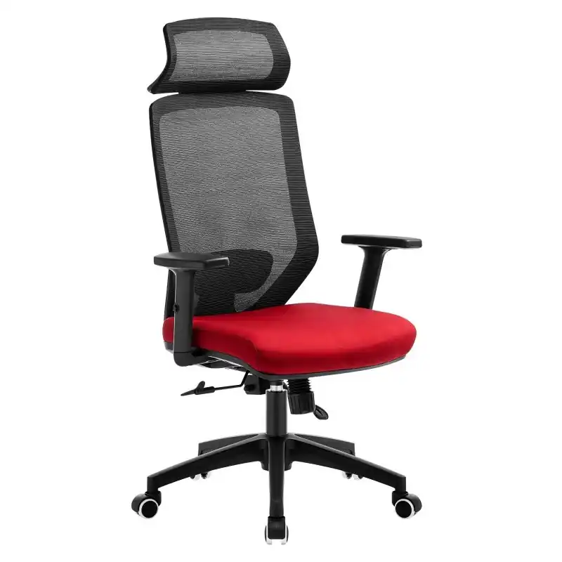 Sillón de oficina con cabezal malla negra y tejido rojo - Sillas oficina operativas