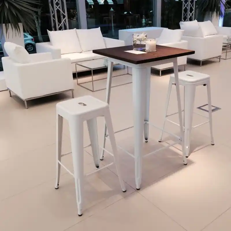 Mesa alta Tolix acero blanco madera olmo 60cm - Mesas hosteleria