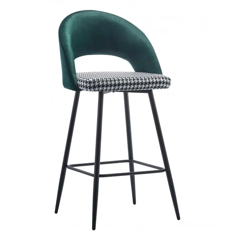 Taburete Dana velvet verde y asiento en pata de gallo blanco y negro - Taburetes y puff