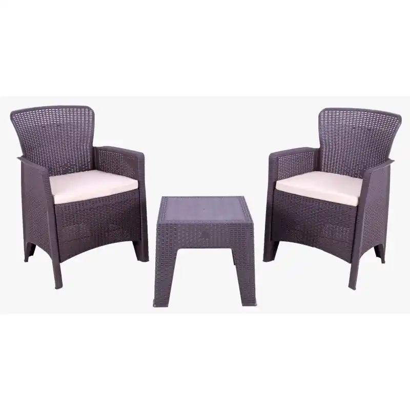 Set Mallorca 2 sillones y mesa baja polipropileno marrón - Sillas hosteleria