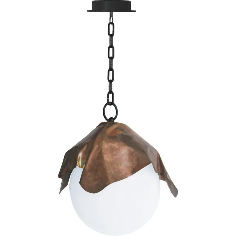 Lámpara de suspensión Magic con cadena y rosetón en metal pintado y placa de cobre a modo de pantalla - Iluminacion