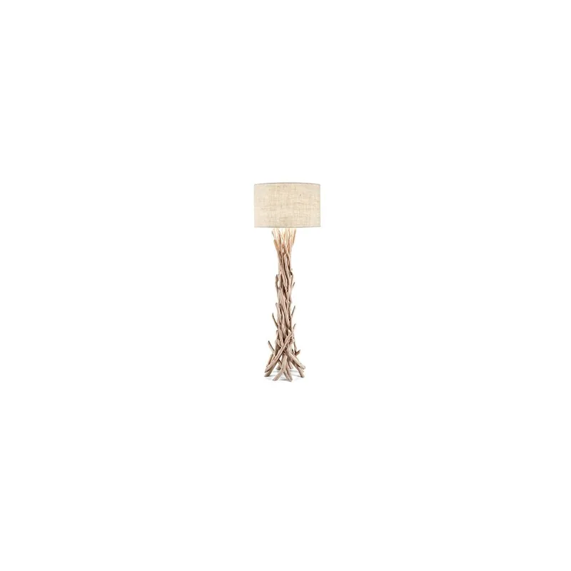 Lámpara de pie Driftwood en metal con elementos decorativos en madera natural y pantalla revestida en tela - Iluminacion