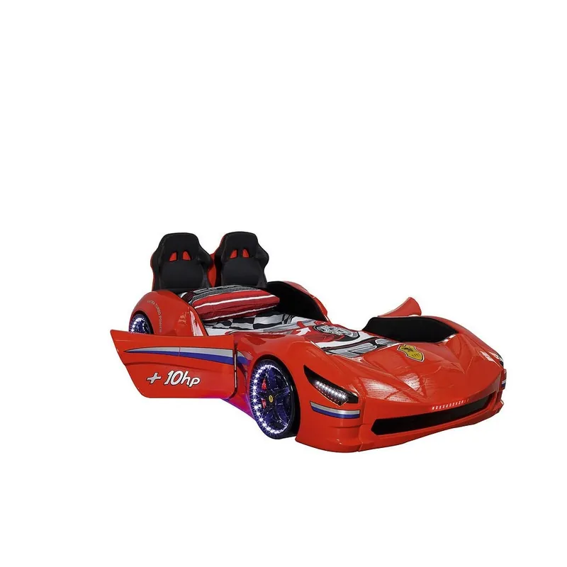 Cama con forma de coche GT 999-D en mdf revestido en abs con tapizado de cuero y luces en los faros y ruedas con control remoto