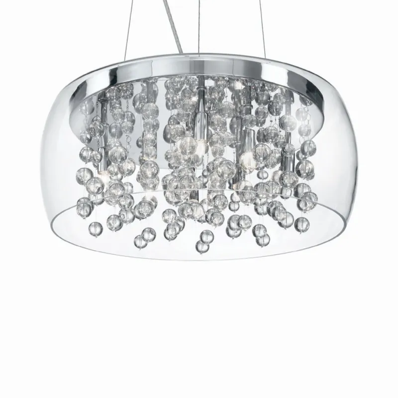 Lámpara colgante Audi-80 de 8 focos en metal cromado y elementos decorativos de vidrio