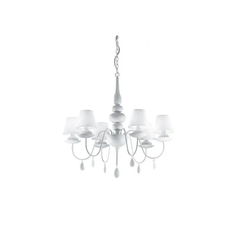 Lámpara de suspensión Blanche de 6 luces. Estructura de metal pintado de blanco con pantalla tapizada en tela - Iluminacion