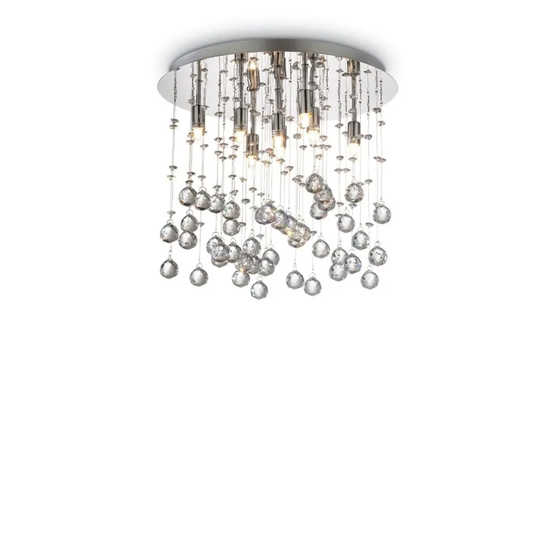 Lámpara de techo Moonlight de 8 luces con estructura de metal cromado y colgantes con octágonos y esferas de cristal - Iluminacion