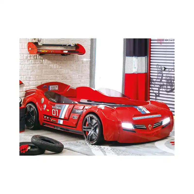Cama Cilek Biturbo con forma de coche, fabricada en ABS resistente a arañazos, disponible en rojo y blanco. - zona de dormir