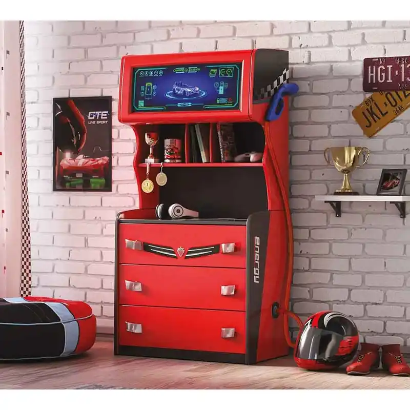 Cilek Como' Champion Racer con estantería y surtidor de gasolina, rojo y antracita - zona de dormir