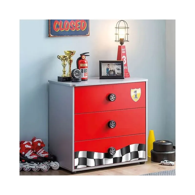 Cómoda Turbo en madera, con estampados de Fórmula 1, disponible en blanco y rojo - zona de dormir