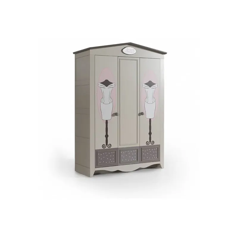 Bonito armario de 3 puertas color paloma con adornos estampados - zona de dormir