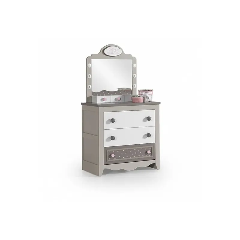 Cómoda bonita de madera con cuatro cajones, acabado blanco - zona de dormir