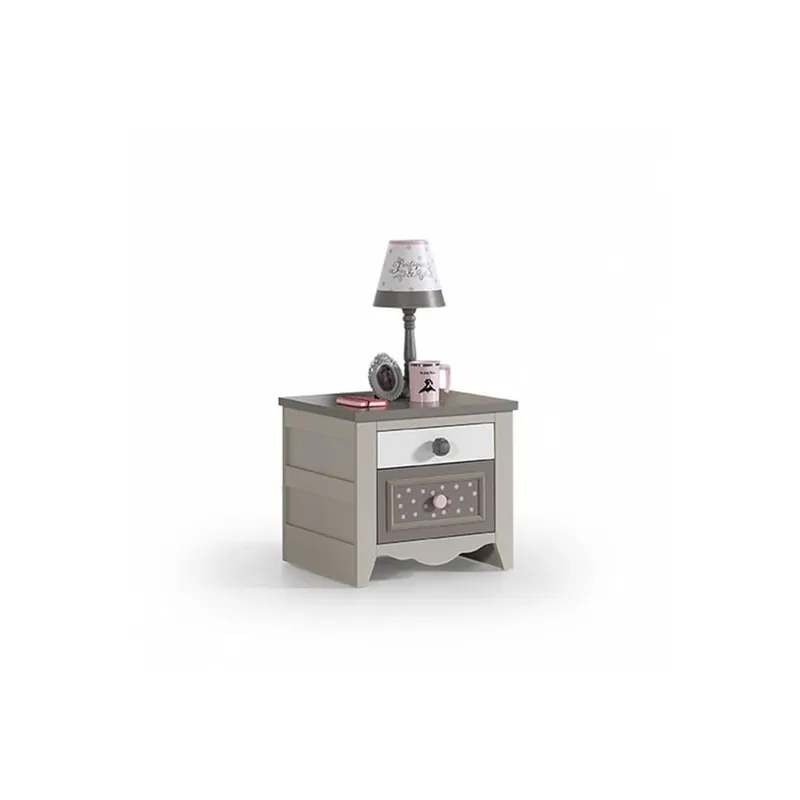 Bonita mesita de noche con dos cajones, color blanco con decoraciones - zona de dormir